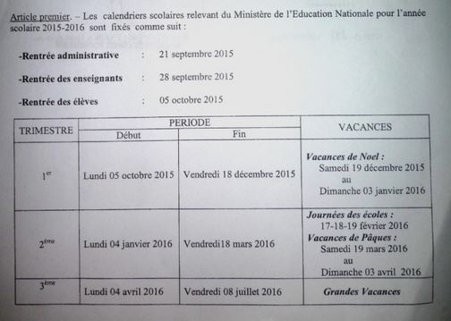 Calendrier scolaire 2015-2016 Madagascar